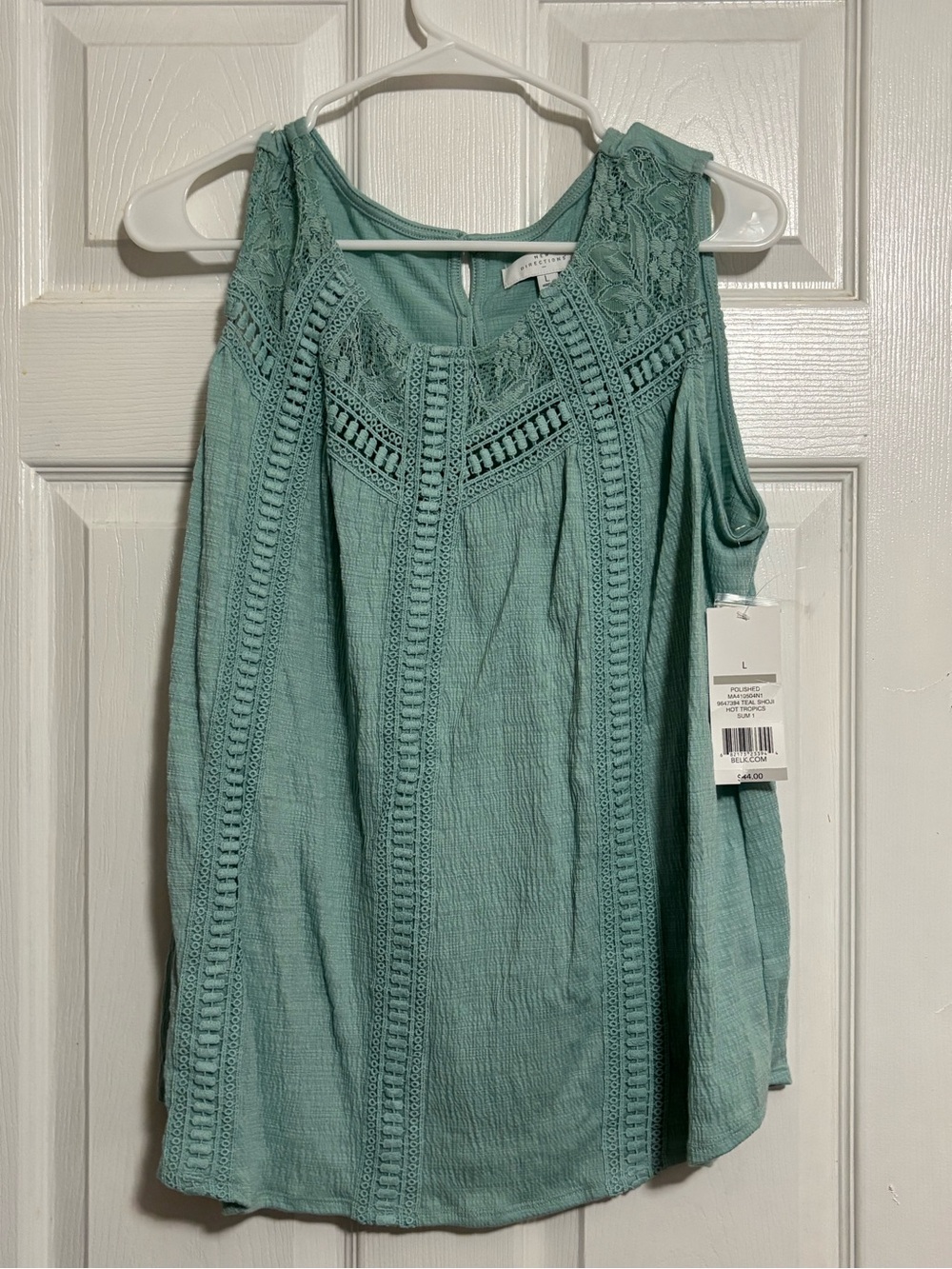 New Directions Sleeveless Lace Yoke Tank Top - Seafoam Green Sz L NWT